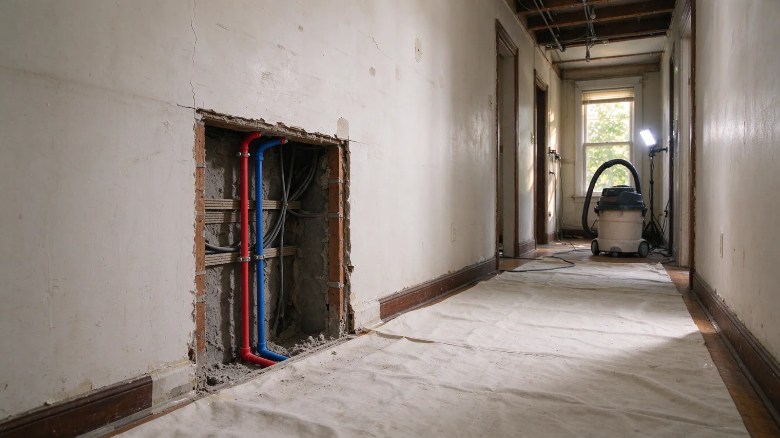 New red and blue PEX water lines rising through a rectangular opening cut in an old plaster wall of a Philadelphia rowhouse, with a drop cloth on the floor
