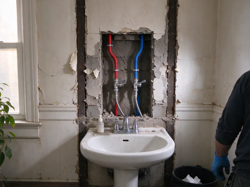 A bathroom wall opened above a pedestal sink showing new red and blue PEX lines to two shutoff valves