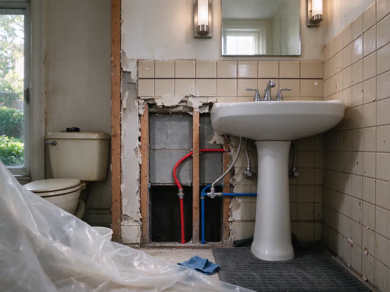 A bathroom wall opened beside a pedestal sink showing red and blue PEX lines to shutoff valves