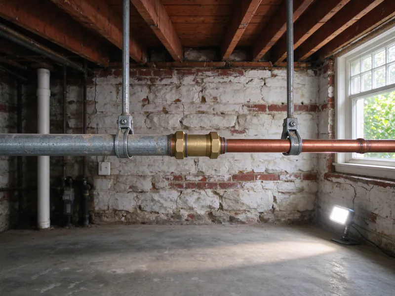 A brass dielectric union joining old galvanized pipe to new copper pipe along a basement wall