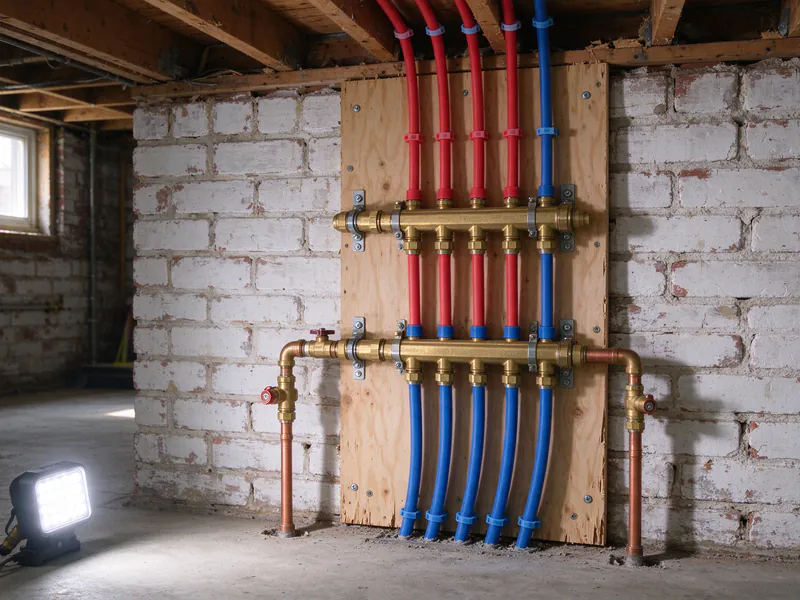 A PEX manifold mounted on a basement wall with a row of labeled shutoff valves feeding separate red and blue lines
