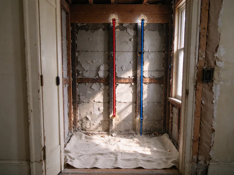 A closet wall opened to the studs with new red and blue PEX lines rising through the framing