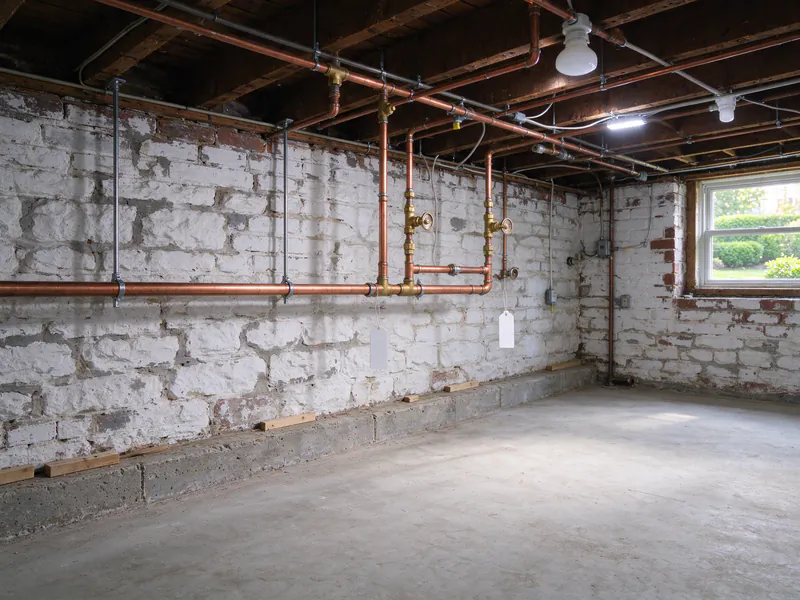 Copper branch lines with brass valves and a tag along the wall of a building basement