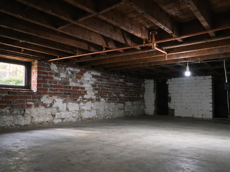 A copper water line on hangers along the basement joists with a branch rising into the floor above