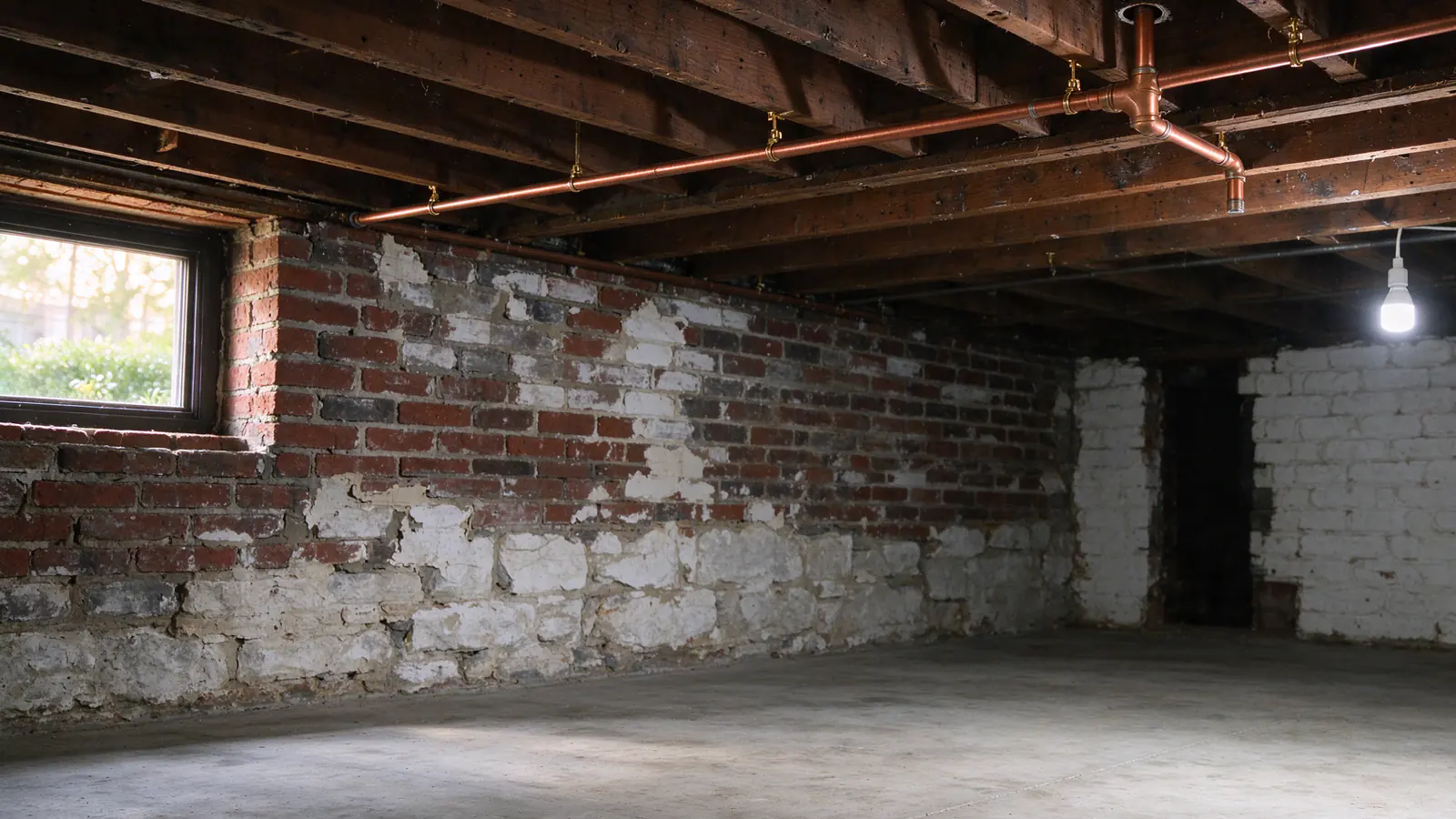 A short section of copper pipe cut out of a Philadelphia basement ceiling, showing a green-stained pinhole beside a soldered elbow