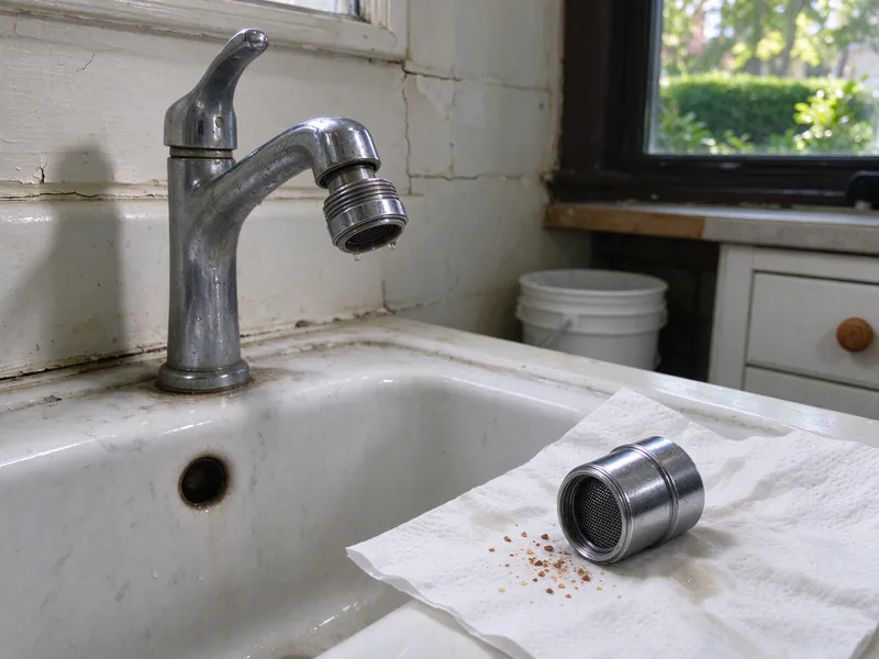 A faucet aerator removed and set on a paper towel with specks of brown scale beside a sink