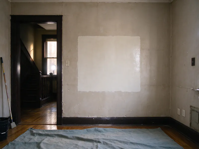 A fresh rectangular plaster patch on a rowhouse hallway wall, with a drop cloth on the floor