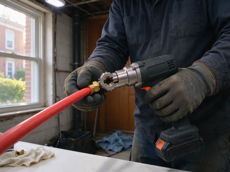 Gloved hands using a cordless expansion tool on red PEX tubing in a rowhouse basement