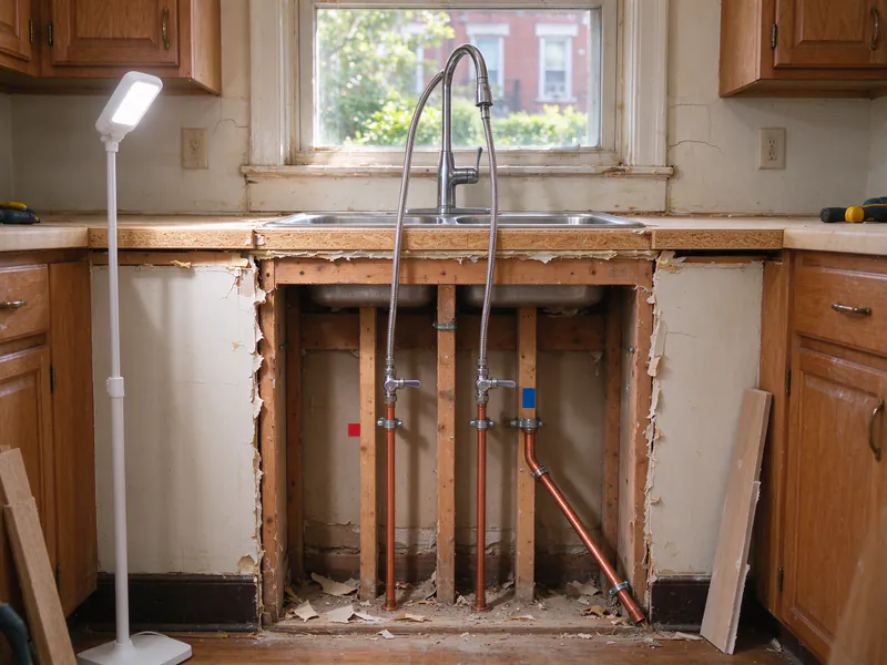 A kitchen sink cabinet wall opened to the studs showing copper lines to angle stops and supply lines to the faucet