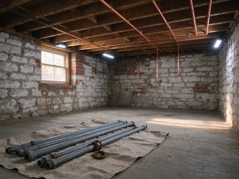 Lengths of removed galvanized pipe on a drop cloth in a basement, with new copper on the joists above