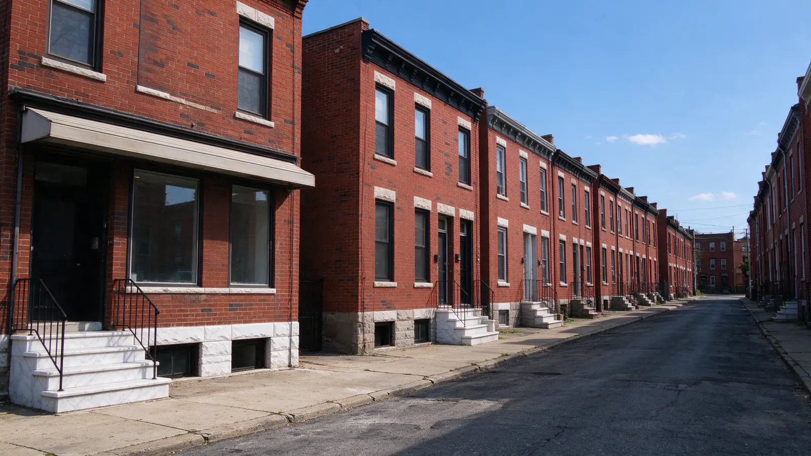 A South Philadelphia corner building with a ground-floor storefront and apartment windows above, next to a row of brick houses