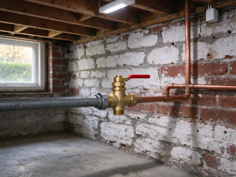 A new brass quarter-turn ball valve with a red lever where galvanized pipe meets new copper