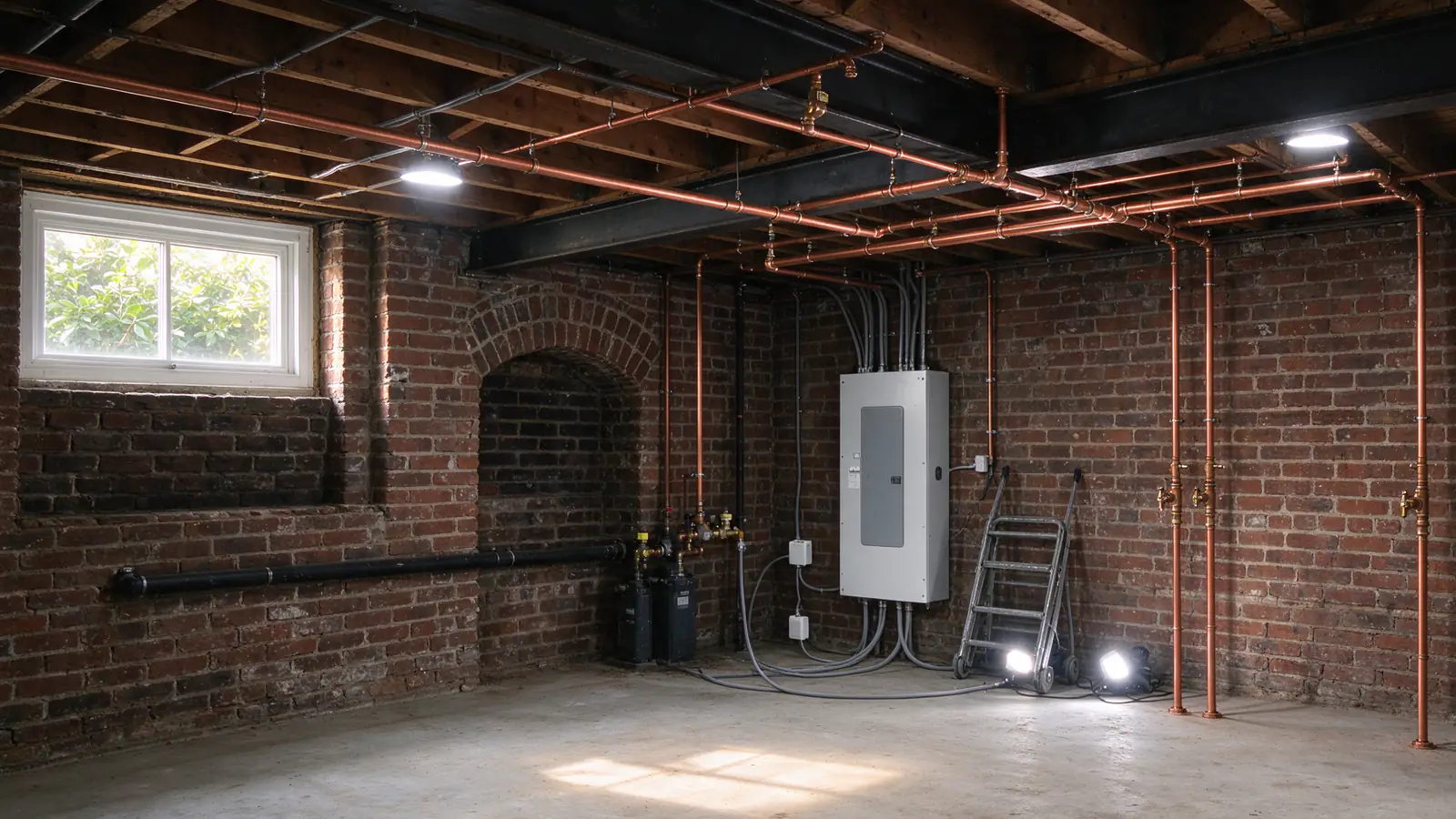 An empty second-floor apartment in a converted Philadelphia rowhouse with small square openings cut in the kitchen wall and new PEX lines visible inside