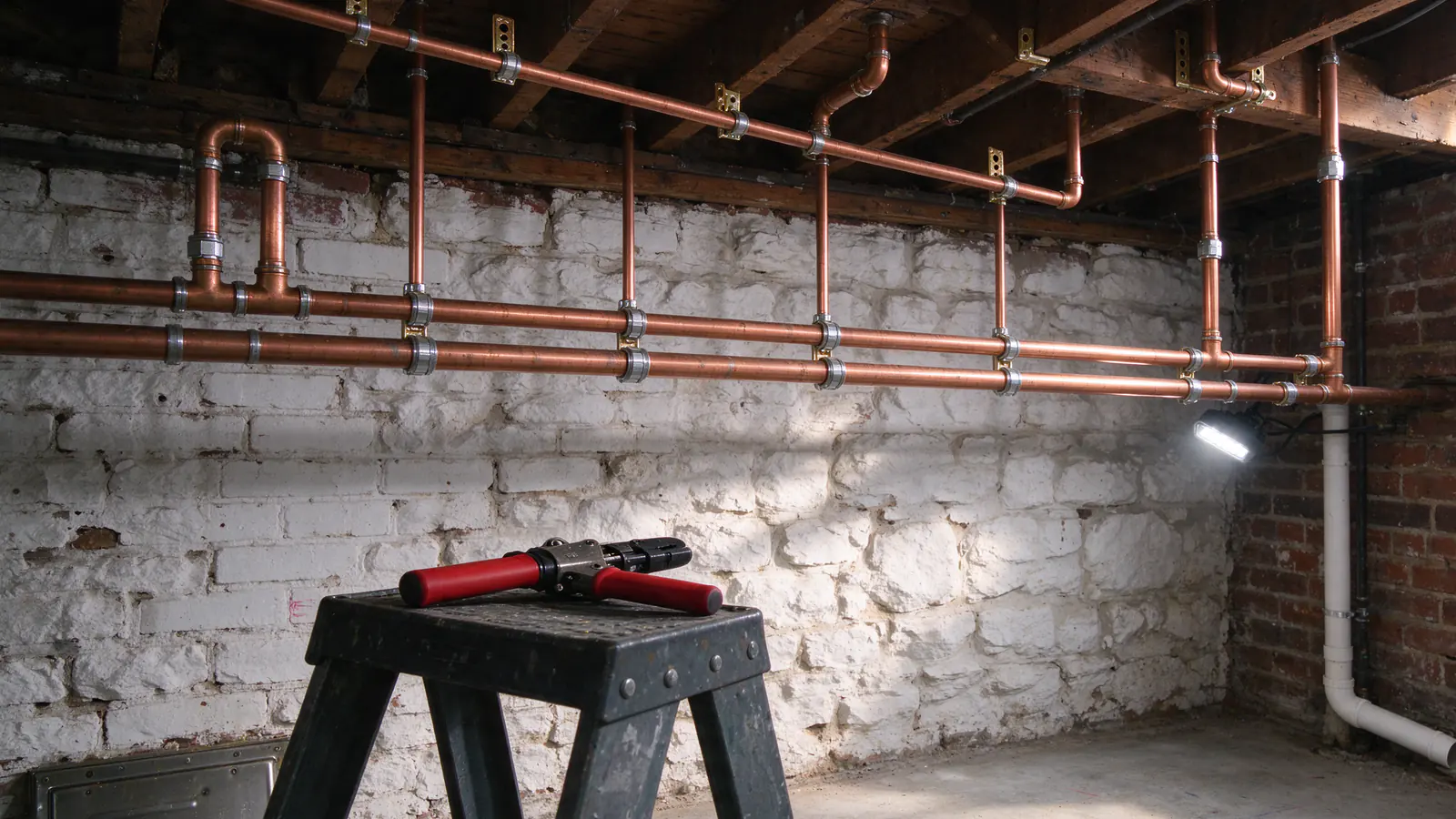 New PEX hot and cold water lines and a labeled manifold on the whitewashed stone wall of a Philadelphia rowhouse basement after a repipe