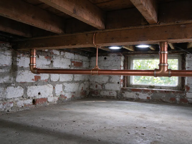 New copper water lines with tees on hangers below the joists of a whitewashed brick basement