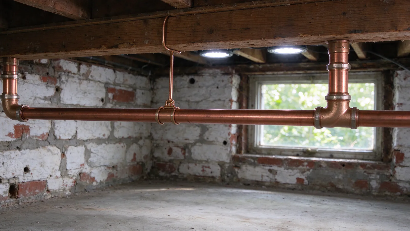 A length of PEX tubing and a length of copper pipe side by side on a basement workbench in a Philadelphia rowhouse