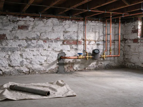 An open trench across a Philadelphia sidewalk in front of a brick rowhouse, with a new copper water service line running from the curb toward the front foundation wall