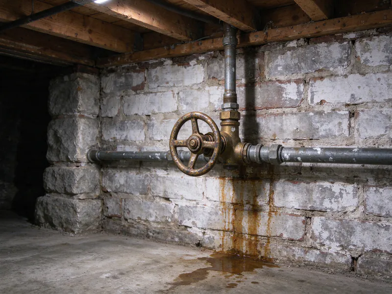 An old corroded gate valve with a wheel handle on a galvanized water pipe, with rust stains on the wall below