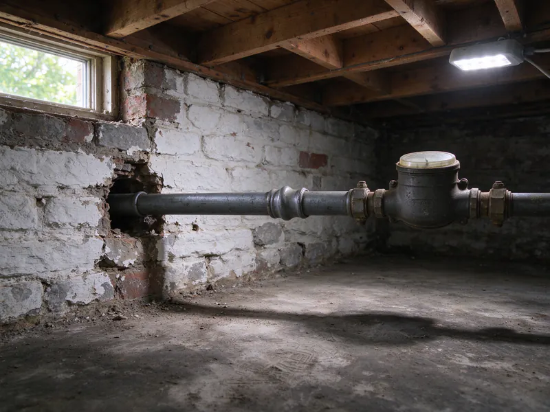 An old dull gray service pipe entering through a stone basement wall to an old water meter