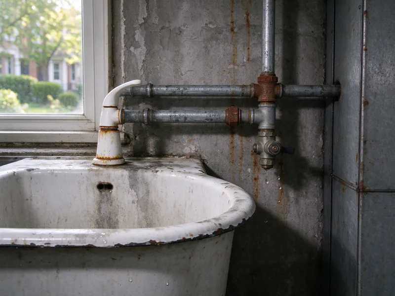Old galvanized supply pipes with rusty unions feeding a basement utility sink faucet