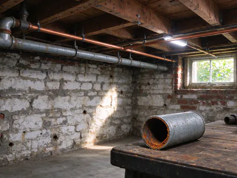 A cut section of old galvanized steel water pipe on a basement workbench, its bore narrowed by orange-brown scale, beside a length of new copper pipe