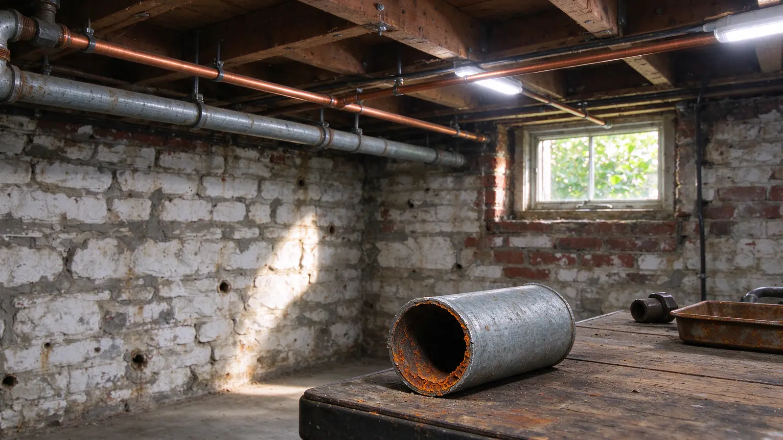 A basement front wall in a Philadelphia rowhouse with the water service entering beside the meter and old gray steel pipe leaving it
