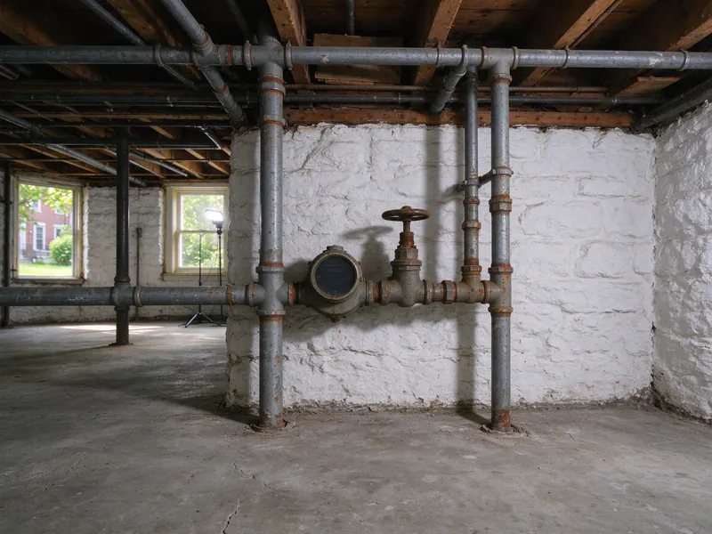 Old gray galvanized water pipes and a corroded gate valve beside a water meter in a whitewashed rowhouse basement