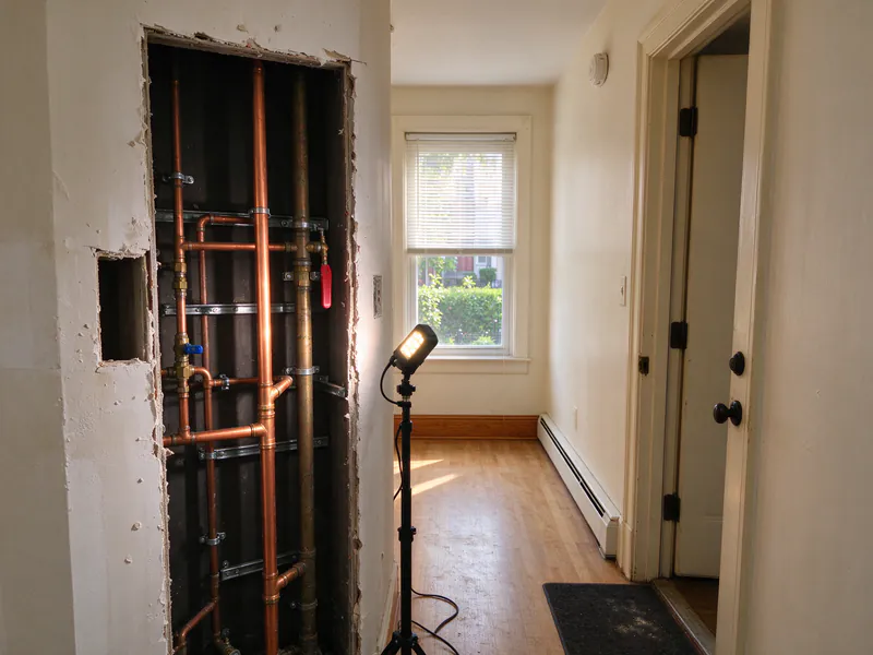 An opened pipe chase in a hallway showing copper risers in a small building