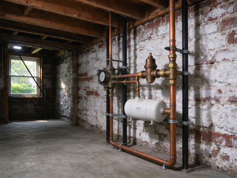 A pressure-reducing valve, gauge and expansion tank on new copper piping near a basement wall