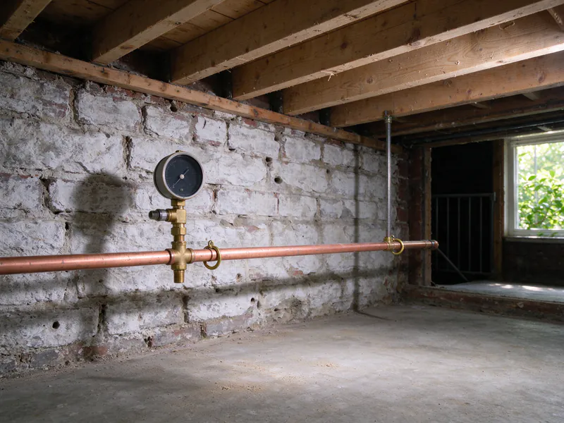 A pressure test gauge on a brass fitting on a new copper water line in a basement