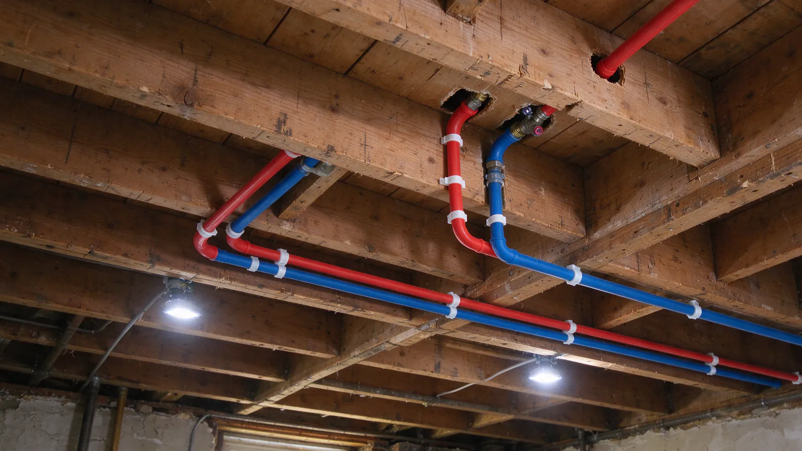 Red and blue PEX water lines running along the basement joists of a Philadelphia rowhouse, with a short copper section at the water heater