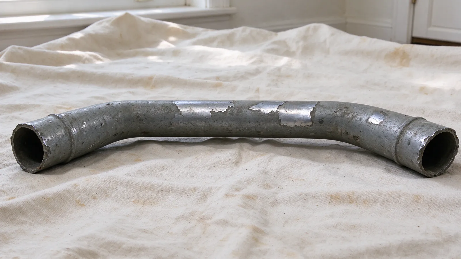 A hand holding a magnet against a dull gray water service pipe where it comes through the stone front wall of a Philadelphia basement beside the meter