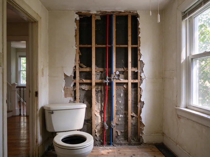 A rowhouse bathroom wall opened behind the toilet showing new red and blue PEX lines to shutoff valves