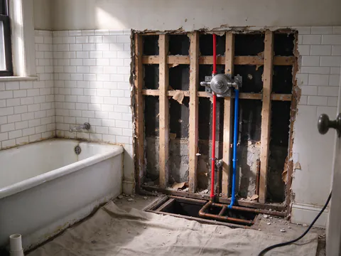 A basement ceiling where new PEX lines meet older copper pipe at a brass transition fitting, with a paper tag marking the boundary of the new work