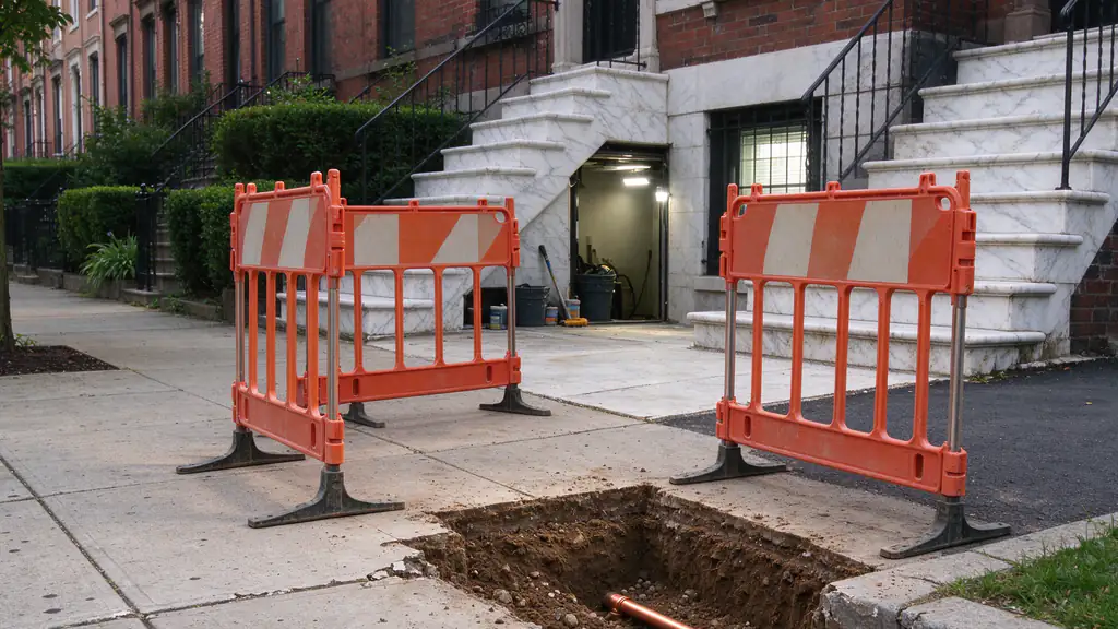 A cut-open section of an old lead water service line beside a new length of copper pipe on a Philadelphia sidewalk, with an open curb box in the background