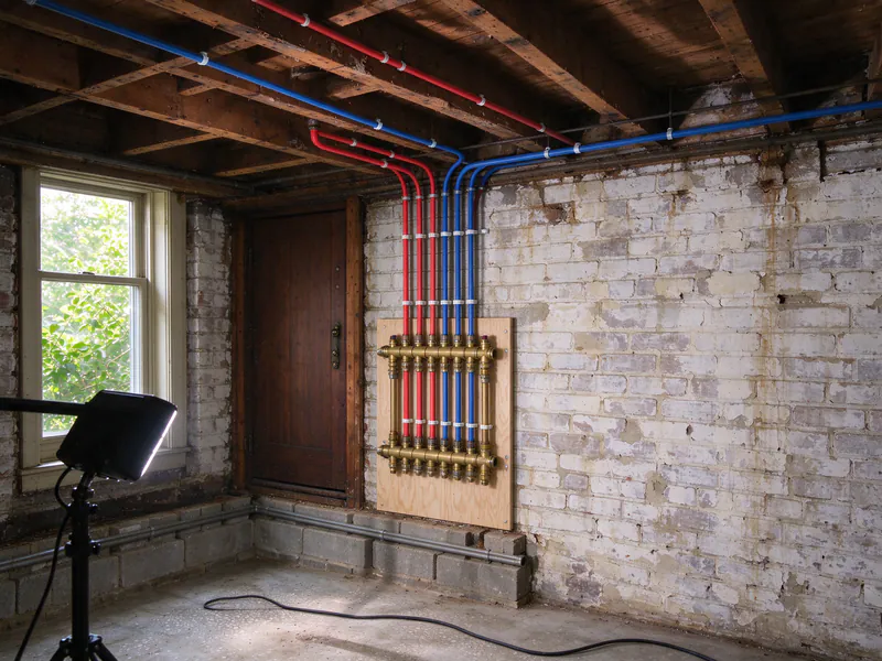 The same basement with a brass PEX manifold on plywood and red and blue lines rising to the joists