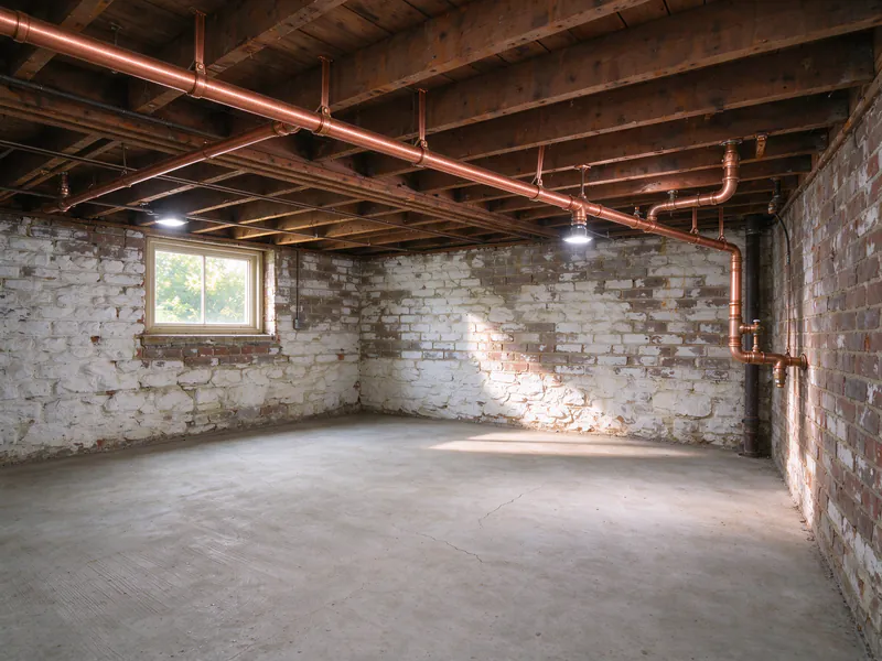 The same basement with new copper water pipes on hangers along the joists