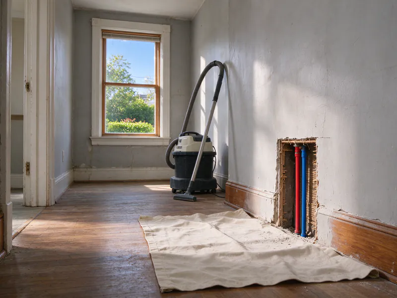 A small rectangular opening in an old plaster and lath wall showing new water lines and a fitting, with a drop cloth on the floor below