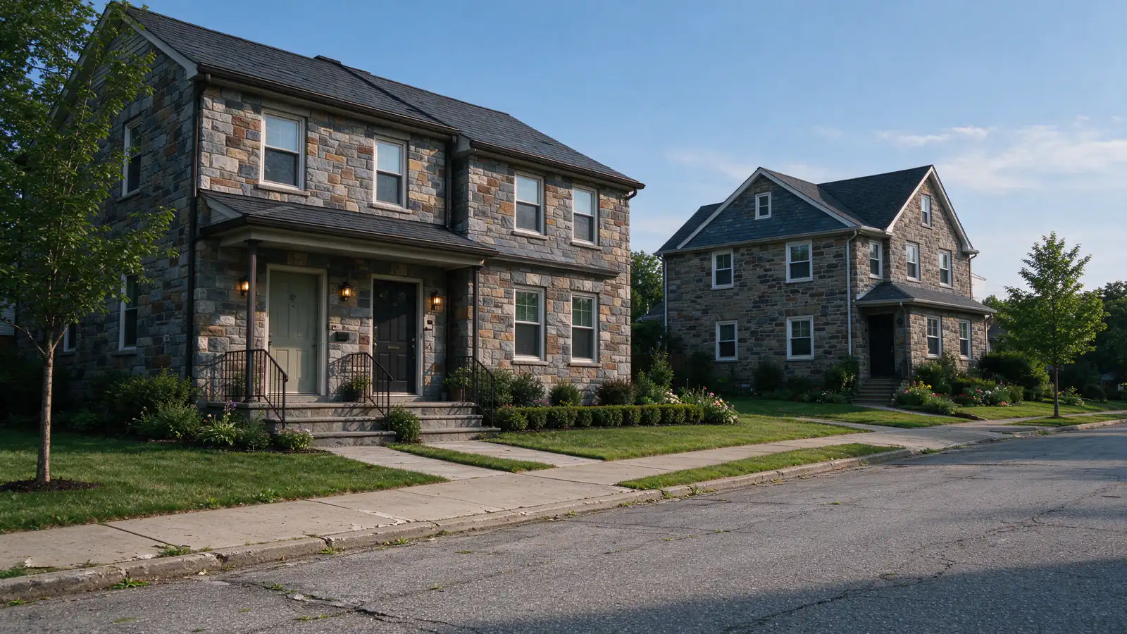 A stone and stucco twin house with a deep front porch on a leafy Cheltenham Township street
