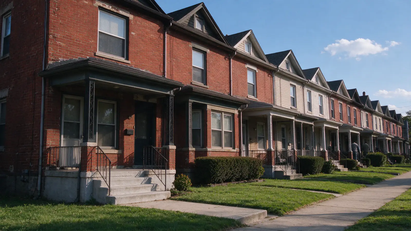 Brick rowhouses with small front lawns on a hilly Upper Darby street