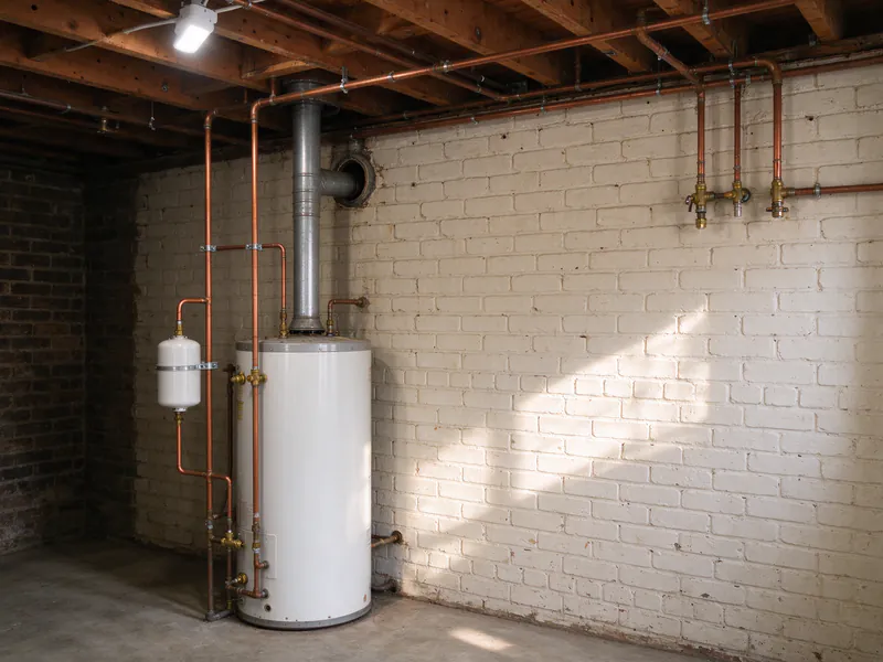 A tank water heater in a basement with copper connections and a small expansion tank
