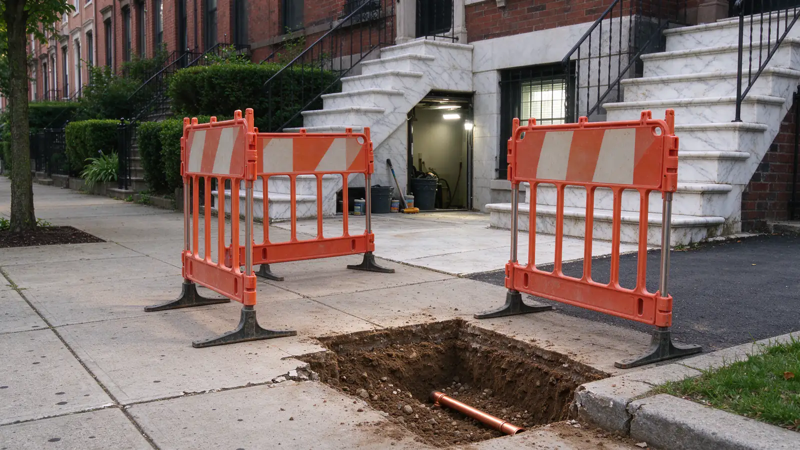 A Philadelphia rowhouse block with a small sidewalk excavation at the curb in front of one house and a new copper service line visible in the trench