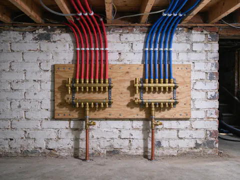 Red and blue PEX tubing fanning out from a brass manifold mounted between basement joists, each line tagged with the room it serves