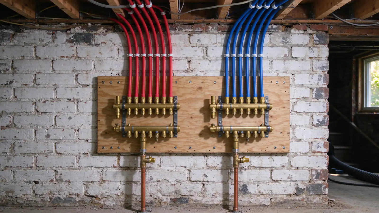 A plumbing code book open on a basement workbench beside coils of red and blue PEX tubing and a short length of copper pipe