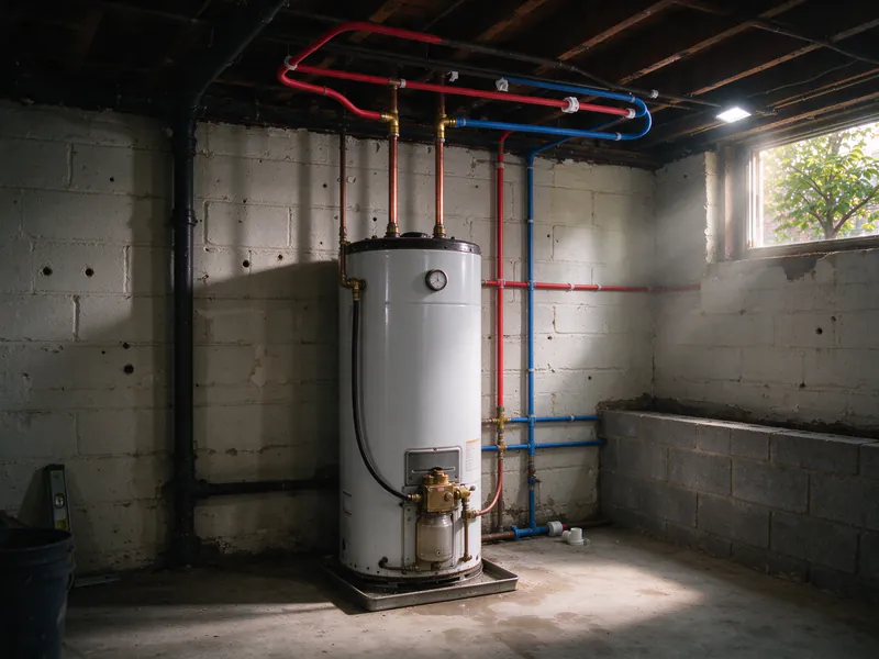 A water heater with short copper connections at the top changing to red and blue PEX lines