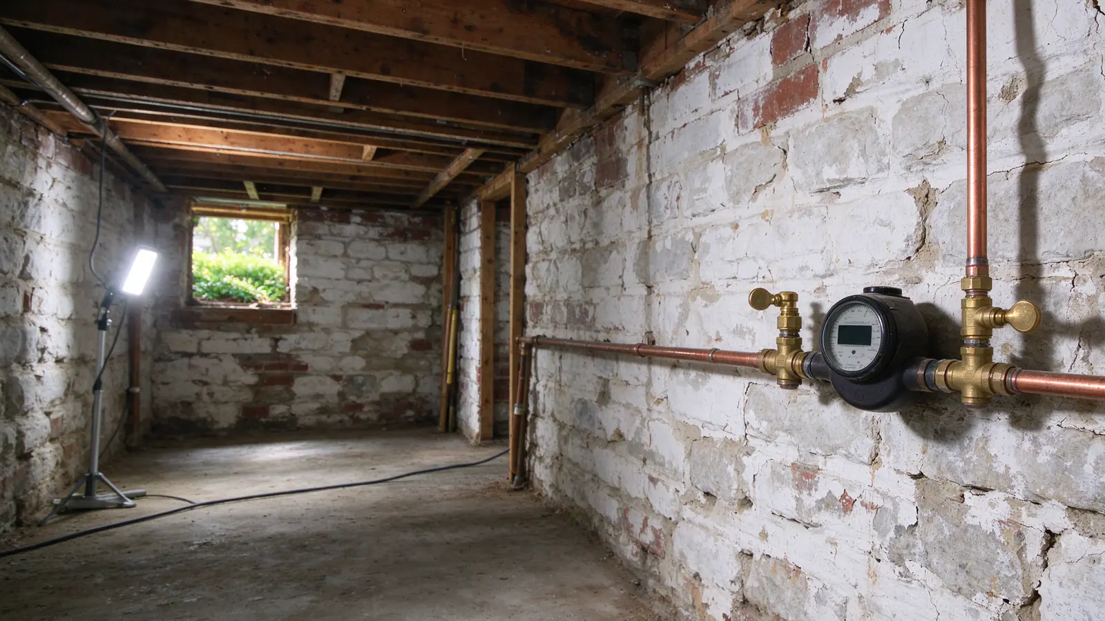 Looking down the length of a narrow Philadelphia rowhouse basement, with new water lines running along the joists from the meter at the front wall toward the back