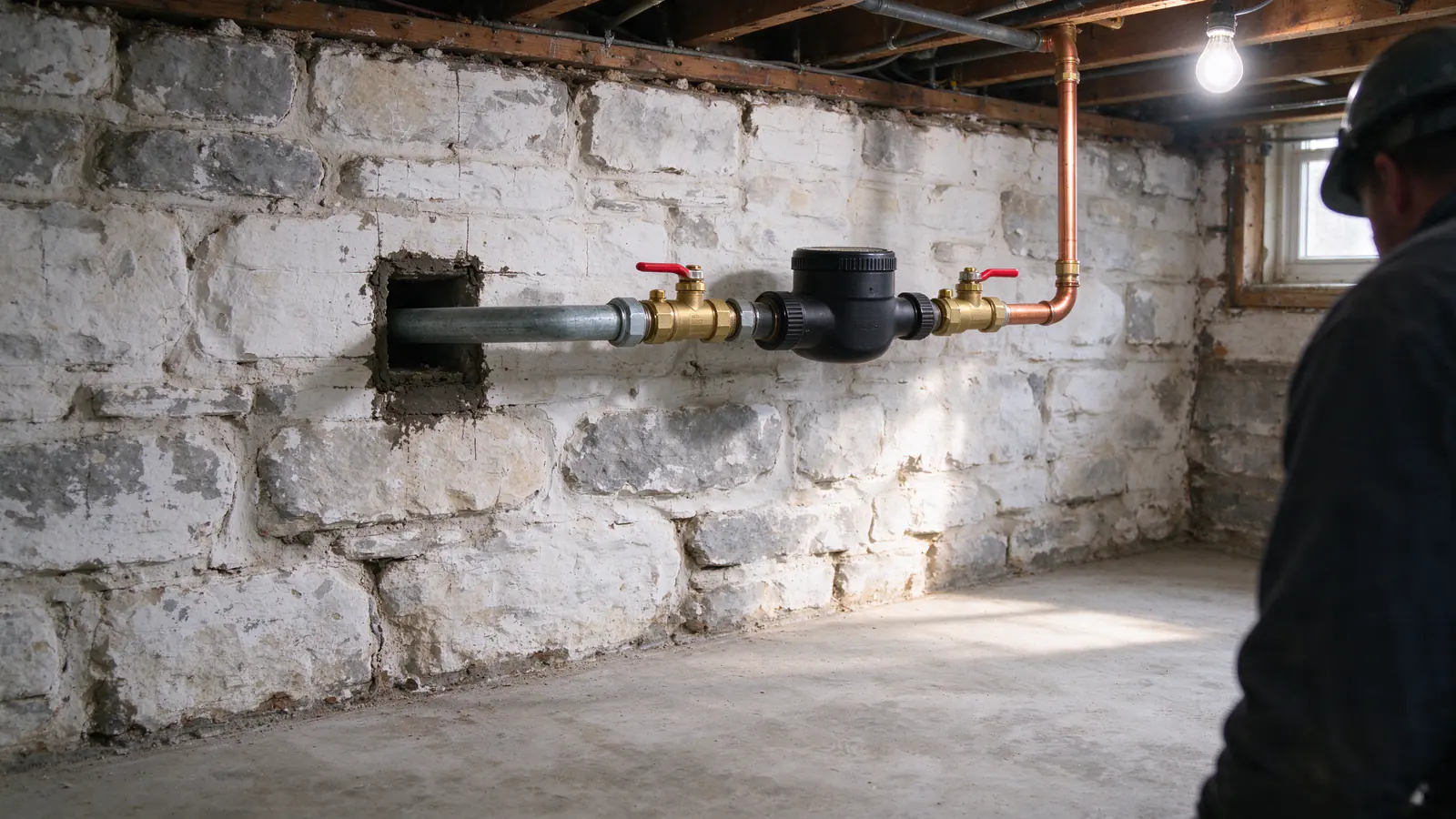 A new brass ball valve with a red lever handle on a copper water main beside the water meter, just inside the front foundation wall of a Philadelphia rowhouse basement