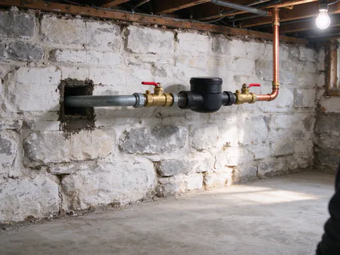 A new brass ball valve with a red lever handle on a copper water main beside the water meter, just inside the front foundation wall of a Philadelphia rowhouse basement